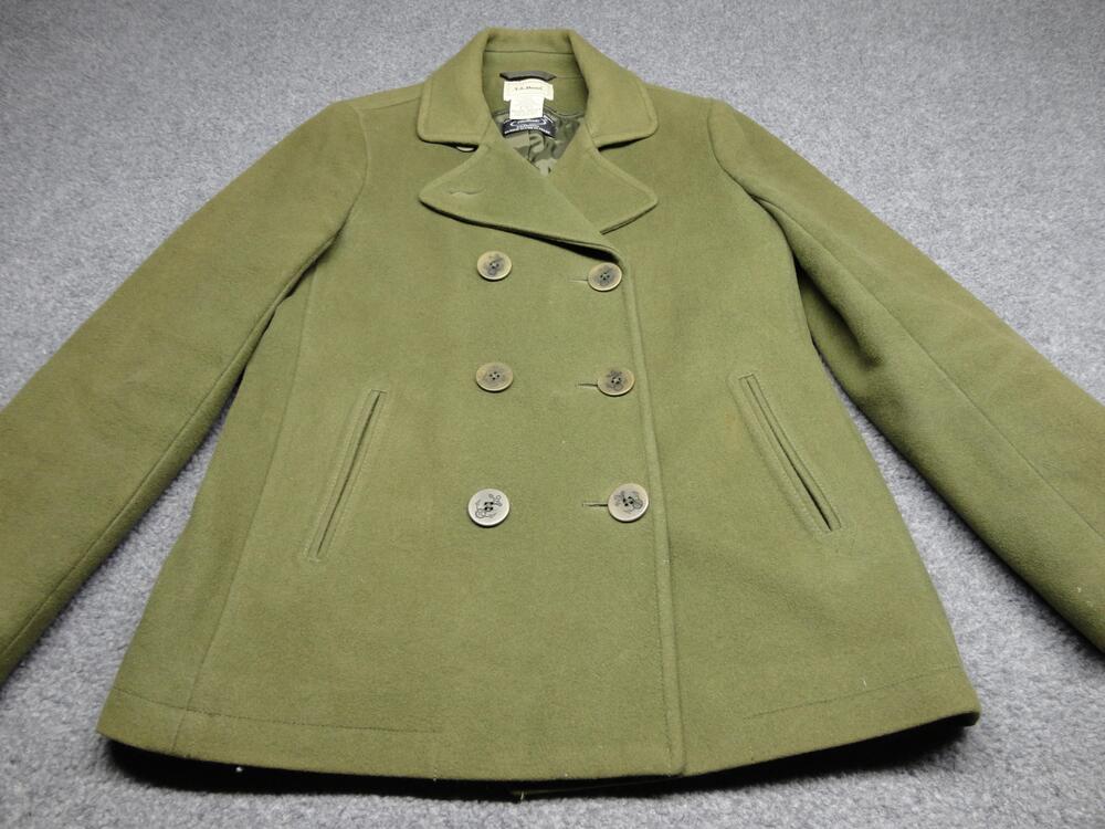 LL Bean Coat Womens Petite 4P Green Wool Pea Coat Button Lined Mid Length Warm